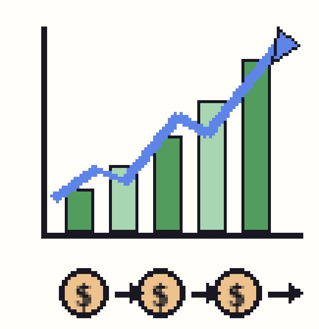 Pixel bar chart trending up with dollar coins flowing